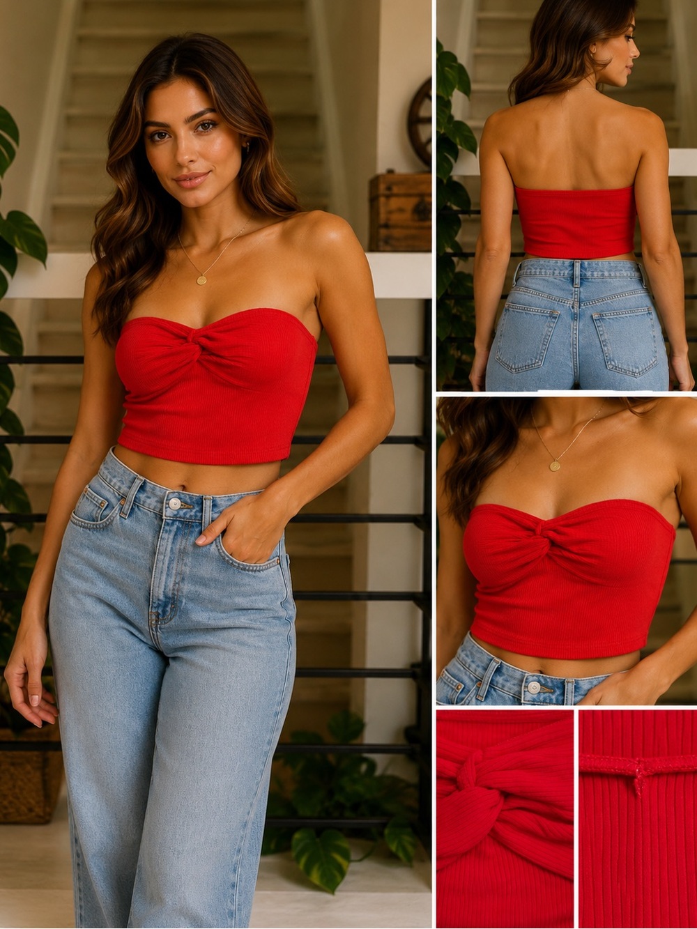 Red Ribbed Twist Front Bandeau Tube Top | Strapless Cropped | Estimated XS